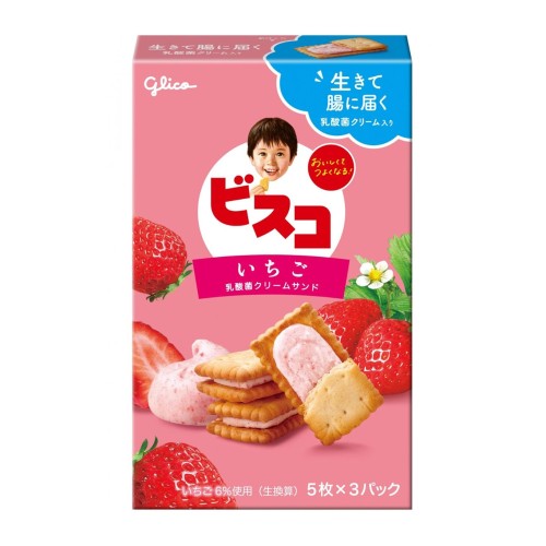 Glico Bisco herbatniki z truskawkowym nadzieniem, 64,5 g  | japoniacentralna.pl