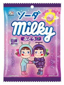 Fujiya Milky candies with soda and grape flavor, 68g