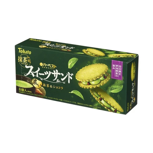 Tohato Harvest herbatniki o smaku Matcha z kremem i czekoladą, 150g | JaponiaCentralna.pl