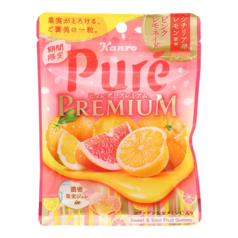 Kanro Pure Premium Pink Lemonade żelki o smaku cytryny i różowego grejpfruta z nadzieniem | JaponiaCentralna.pl